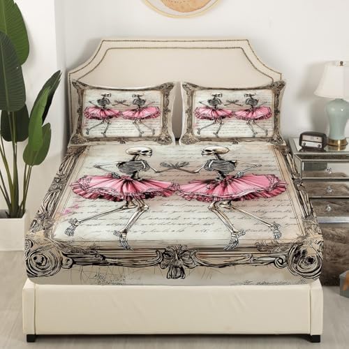 Manfei Skeleton Kids Fitted Sheet Set Pink Brown Bedding with Gothic Skull Design