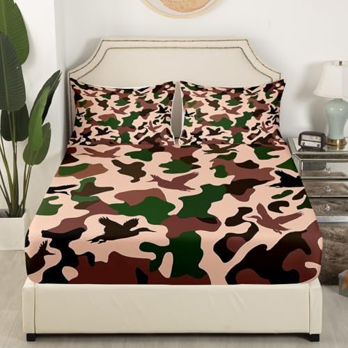 Erosebridal Camo Duck King Size Flat Fitted Sheet Set