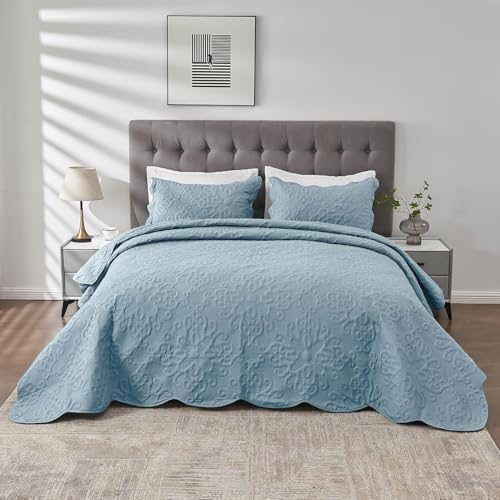 Kingnex King Size Bedspread Soft Lightweight Quilted Set 3 Pieces Blue