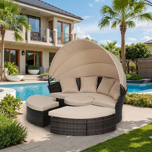Incbruce Round Daybed with Retractable Canopy Black Wicker