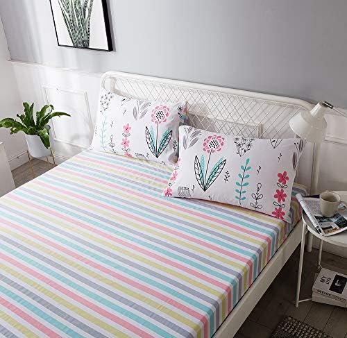 HighBuy Cooling Cotton Fitted Sheet Twin Size Deep Pocket Striped