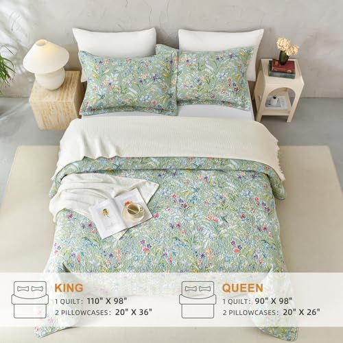 Sanracie Floral Quilt Set - 3pcs Cotton King Size