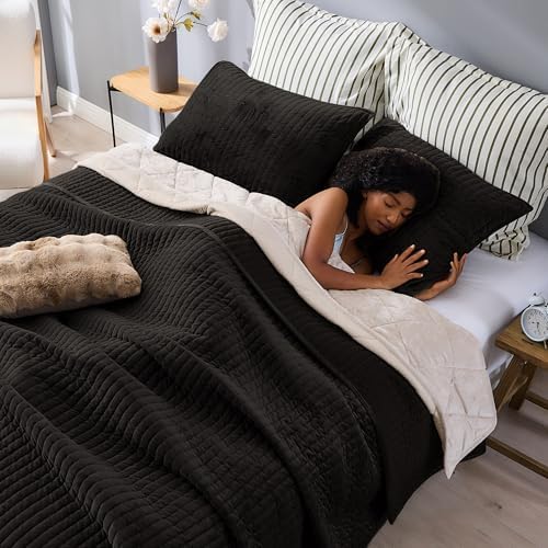 SHALALA Velvet Quilt Set Queen Size Dark Brown