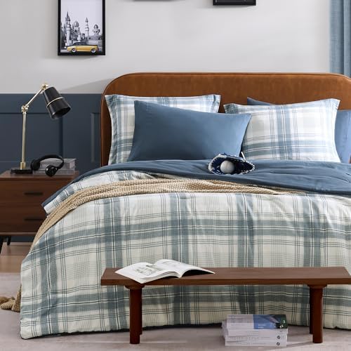 Blue Grey Plaid Comforter Set for Boys Girls Teen