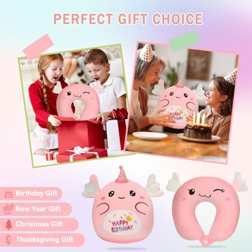 NUKBIL Kids Travel Pillow with Plush Animal Design Pink Axolotl