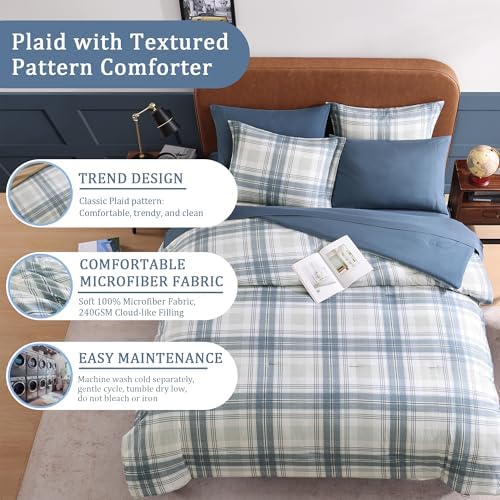 Blue Grey Plaid Comforter Set for Boys Girls Teen