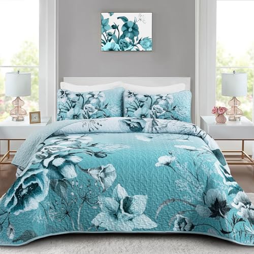 Drucon Blue Floral Quilt Set Queen 3 Pieces