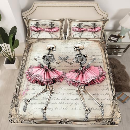 Manfei Skeleton Kids Fitted Sheet Set Pink Brown Bedding with Gothic Skull Design