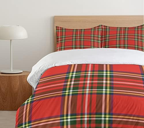 Ambesonne Plaid Duvet Cover Set King Size - Vermilion Orange and Green