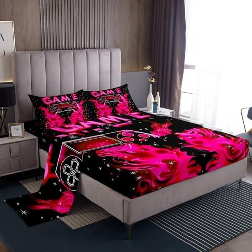 Jejeloiu Kids Gaming Bed Sheet Set King Size Pink
