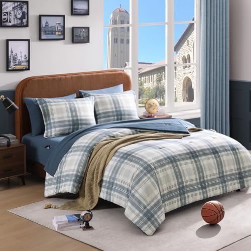 Blue Grey Plaid Comforter Set for Boys Girls Teen