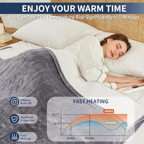JKMAX Heated Blanket 72x84 Grey 5 Heating Levels 4H Auto Off
