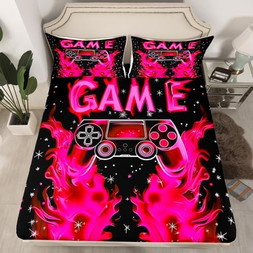 Jejeloiu Kids Gaming Bed Sheet Set King Size Pink