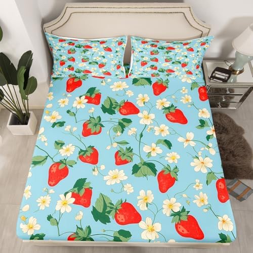 Jejeloiu Kids Strawberry Bed Sheet Set King Size