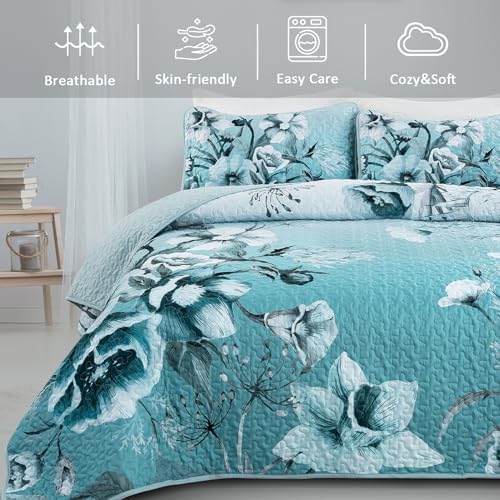 Drucon Blue Floral Quilt Set Queen 3 Pieces