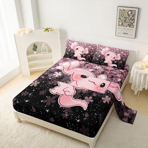 QOOMO Kawaii Axolotl Bedding Set Pink Cherry Blossom