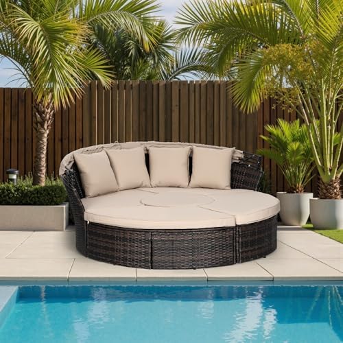 Incbruce Round Daybed with Retractable Canopy Black Wicker