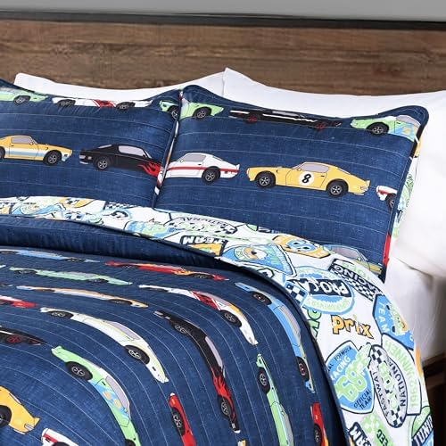 Lush Decor Race Car Kids Quilt Bed Set Navy Twin