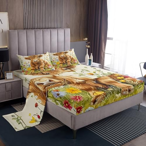 Jejeloiu King Size Highland Cow Bed Sheet Set