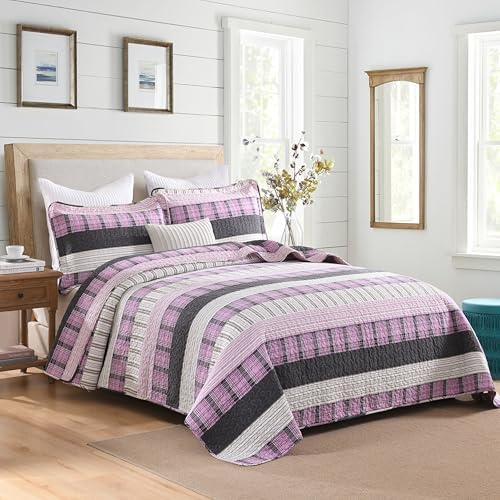 Homzard Cotton King Size Quilt Set with Plaid Striped Bedspread 1