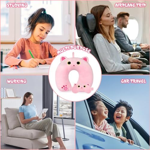 Prewplam Kids Neck Pillow with Eye Mask - Pink Cat Design
