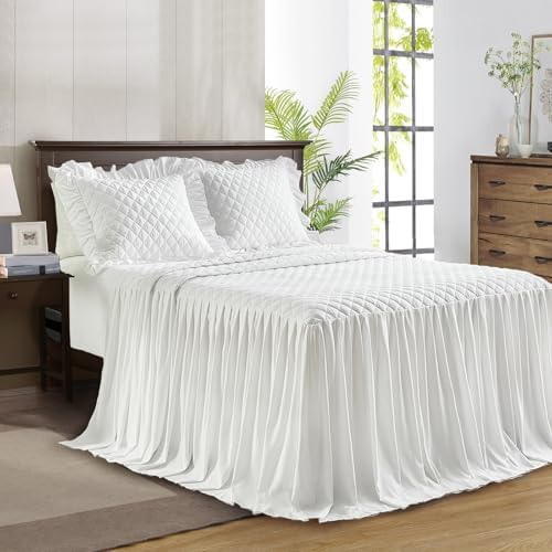 UOZZI BEDDING Ruffle Skirt Bedspread Set Queen Size White