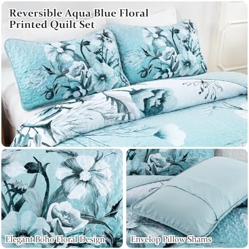 Drucon Blue Floral Quilt Set Queen 3 Pieces