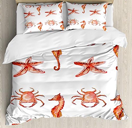 Ambesonne Nautical Duvet Cover Set with Crab and Seahorse Pattern