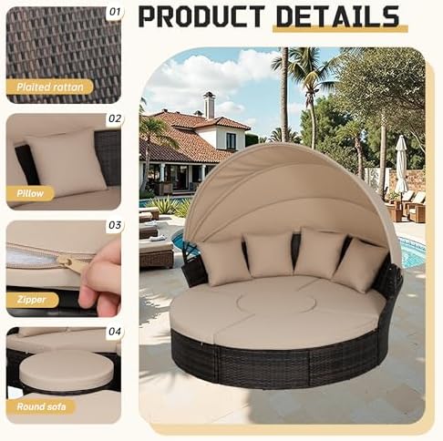 Incbruce Round Daybed with Retractable Canopy Black Wicker