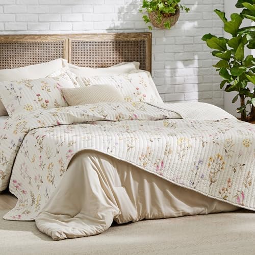 Bedsure Floral Quilt Set King - 3 Piece Reversible Microfiber Bedding
