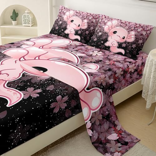 QOOMO Kawaii Axolotl Bedding Set Pink Cherry Blossom