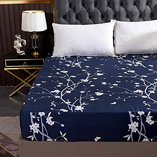 Hecnoey Floral Printed Full Fitted Sheet Navy Blue Deep Pocket