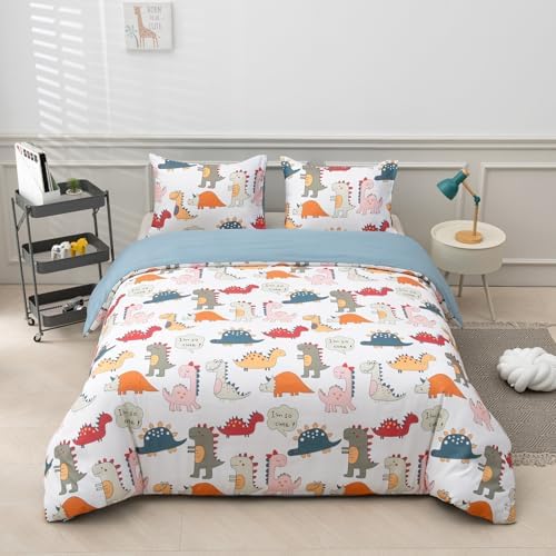 JYhoney Dinosaur Duvet Cover Set Queen 3pcs Reversible Blue Bedding