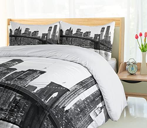 Ambesonne Queen Duvet Cover Set with Pillow Shams Brooklyn Bridge Sunset Image Monochrome