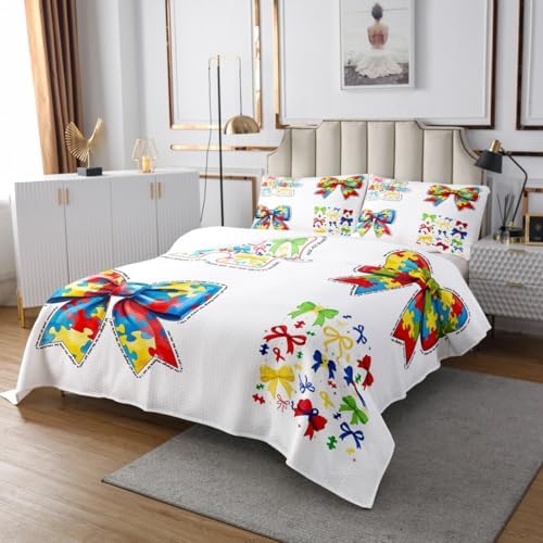 Erosebridal Rainbow 3D Bowknot Queen Coverlet Set
