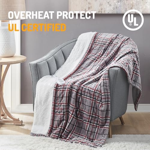 Degrees of Comfort Heated Sherpa Wrap Shawl - Reversible Grey Plaid