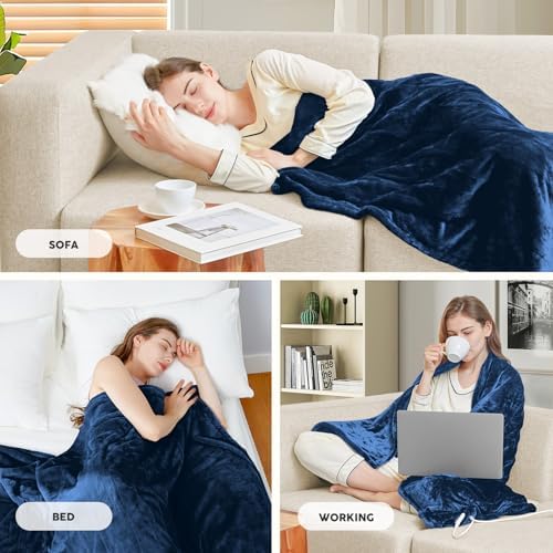 Hyleory Heated Blanket Throw 62 x 84 6 Level Warmth Navy Blue