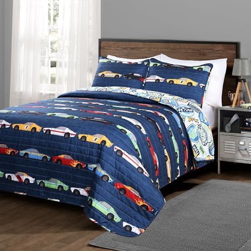 Lush Decor Race Car Kids Quilt Bed Set Navy Twin
