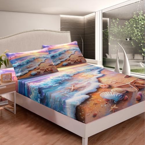 Erosebridal King Size Beach Sheet Set with Shell Starfish Print 1