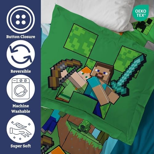 Jay Franco Minecraft Duvet Cover Set 3 Piece Kids Bedding Blue Queen