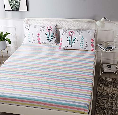 HighBuy Cooling Cotton Fitted Sheet Twin Size Deep Pocket Striped