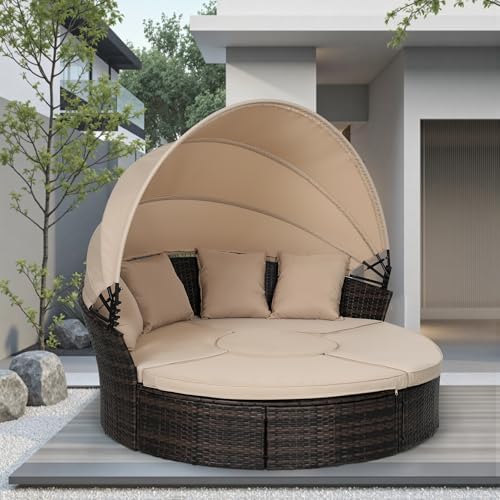 Incbruce Round Daybed with Retractable Canopy Black Wicker