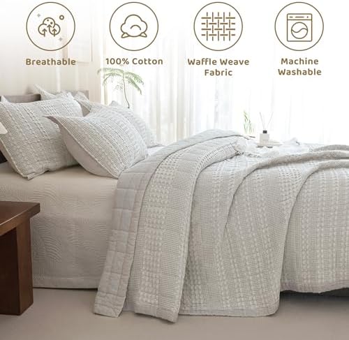 Sanracie 100 Cotton Oversized Queen Bedspread Set Khaki Waffle Weave 1