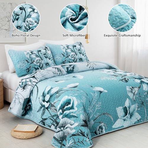 Drucon Blue Floral Quilt Set Queen 3 Pieces