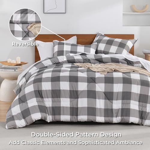 Andency Grey Queen Plaid Comforter Set 3 Piece