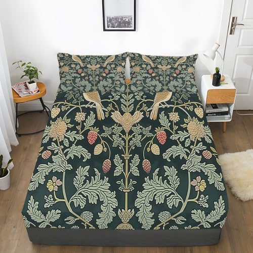 Queen Fitted Sheet Set 4 Piece Microfiber Soft William Morris Strawberry Thief