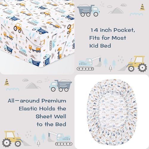 Kids Twin Sheet Set 3 Pcs Blue Excavator Car Pattern