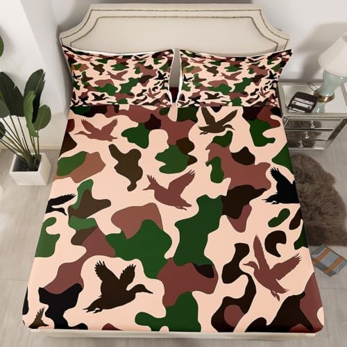 Erosebridal Camo Duck King Size Flat Fitted Sheet Set