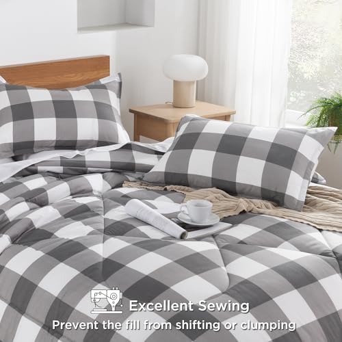 Andency Grey Queen Plaid Comforter Set 3 Piece