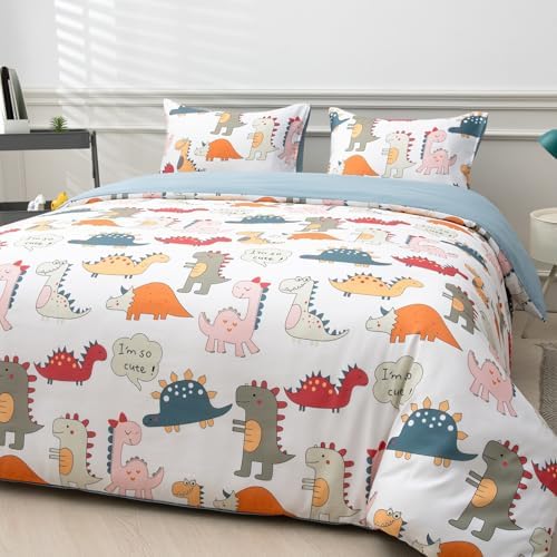 JYhoney Dinosaur Duvet Cover Set Queen 3pcs Reversible Blue Bedding